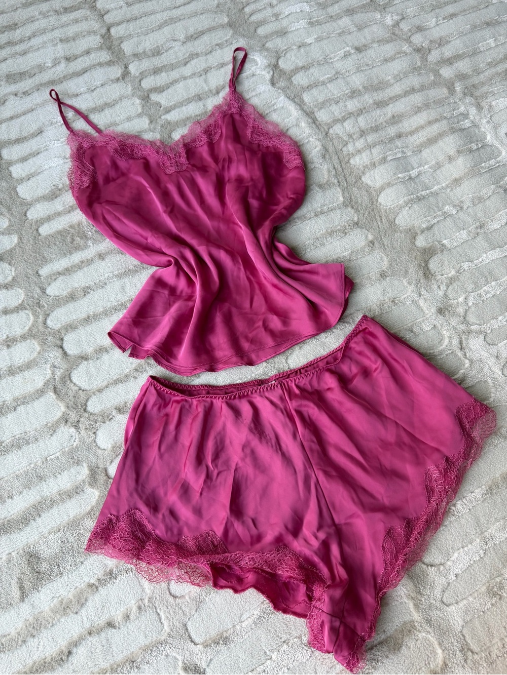 Victoria Secret Silky Pajamas Intimates Lace-Trim Cami and Shorts Set - Fuchsia